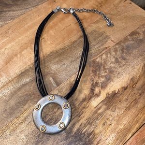 Women's Chico’s necklace, black rope with large silver circle, jewelry
